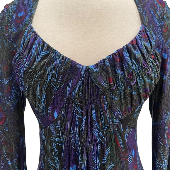 Muse Womens Peacock Feather Print Dress Deep V-Neck Sz 6 Boho Chic Evening Wear - Picture 5 of 11